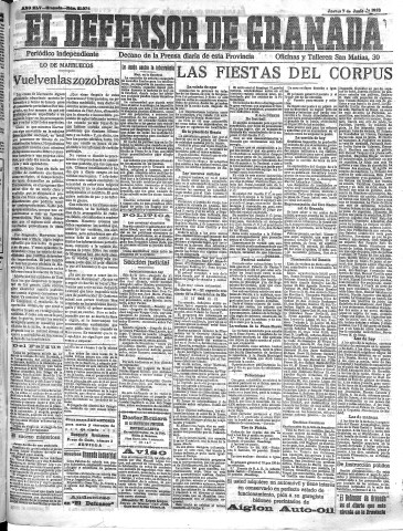'El Defensor de Granada  : diario político independiente' - Año XLV Número 21074  - 1923 Junio 07