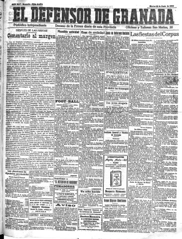 'El Defensor de Granada  : diario político independiente' - Año XLV Número 21078  - 1923 Junio 12