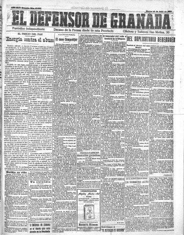 'El Defensor de Granada  : diario político independiente' - Año XLV Número 22002  - 1923 Julio 10