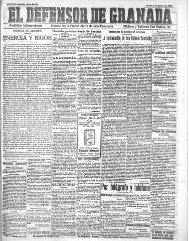 'El Defensor de Granada  : diario político independiente' - Año XLV Número 22022  - 1923 Agosto 02