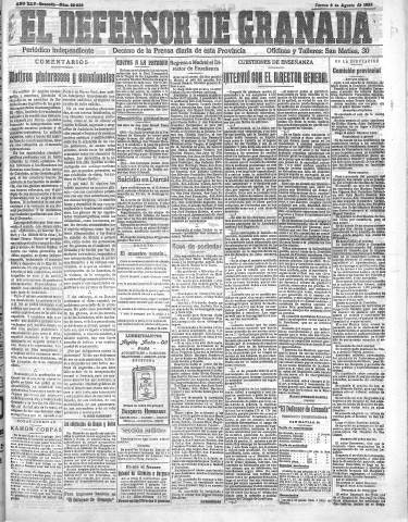 'El Defensor de Granada  : diario político independiente' - Año XLV Número 22028  - 1923 Agosto 09