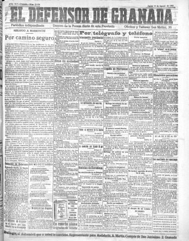 'El Defensor de Granada  : diario político independiente' - Año XLV Número 22034  - 1923 Agosto 16