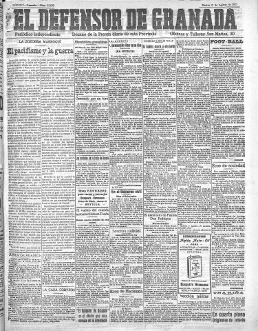'El Defensor de Granada  : diario político independiente' - Año XLV Número 22038  - 1923 Agosto 21