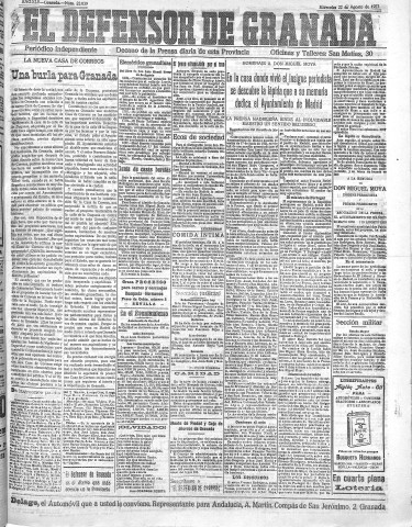 'El Defensor de Granada  : diario político independiente' - Año XLV Número 22039  - 1923 Agosto 22