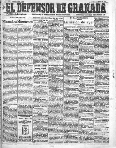 'El Defensor de Granada  : diario político independiente' - Año XLV Número 22040  - 1923 Agosto 23