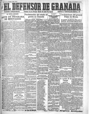 'El Defensor de Granada  : diario político independiente' - Año XLV Número 22061  - 1923 Septiembre 16