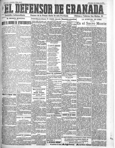 'El Defensor de Granada  : diario político independiente' - Año XLV Número 22075  - 1923 Octubre 03