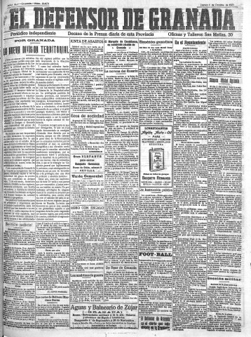 'El Defensor de Granada  : diario político independiente' - Año XLV Número 22076  - 1923 Octubre 04