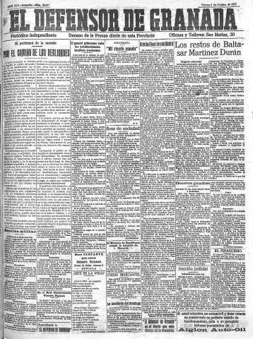 'El Defensor de Granada  : diario político independiente' - Año XLV Número 22077  - 1923 Octubre 05