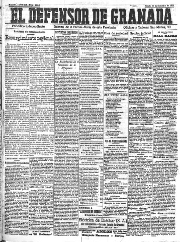 'El Defensor de Granada  : diario político independiente' - Año XLV Número 23048  - 1923 Diciembre 29