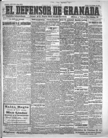 'El Defensor de Granada  : diario político independiente' - Año XLVI Número 23090  - 1924 Febrero 16