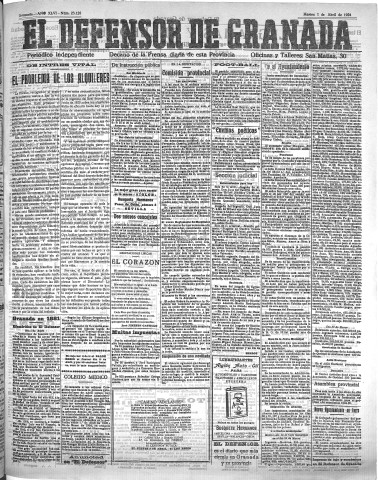 'El Defensor de Granada  : diario político independiente' - Año XLVI Número 23128  - 1924 Abril 01
