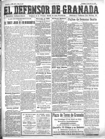 'El Defensor de Granada  : diario político independiente' - Año XLVI Número 23139  - 1924 Abril 13
