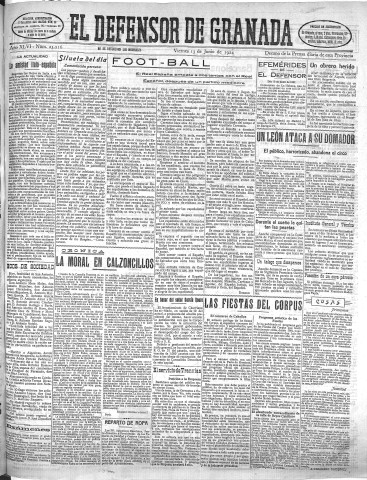 'El Defensor de Granada  : diario político independiente' - Año XLVI Número 23216 Ed. Mañana - 1924 Junio 13