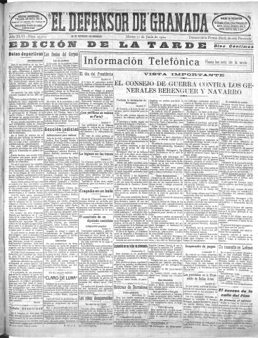 'El Defensor de Granada  : diario político independiente' - Año XLVI Número 23223 Ed. Tarde - 1924 Junio 17