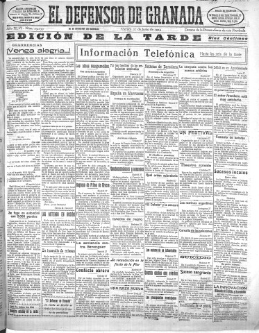 'El Defensor de Granada  : diario político independiente' - Año XLVI Número 23239 Ed. Tarde - 1924 Junio 27