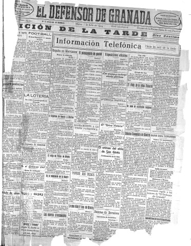 'El Defensor de Granada  : diario político independiente' - Año XLVI Número 23245 Ed. Tarde - 1924 Julio 01