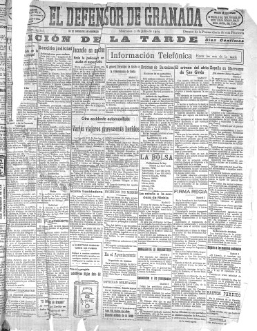 'El Defensor de Granada  : diario político independiente' - Año XLVI Número 23247 Ed. Tarde - 1924 Julio 02