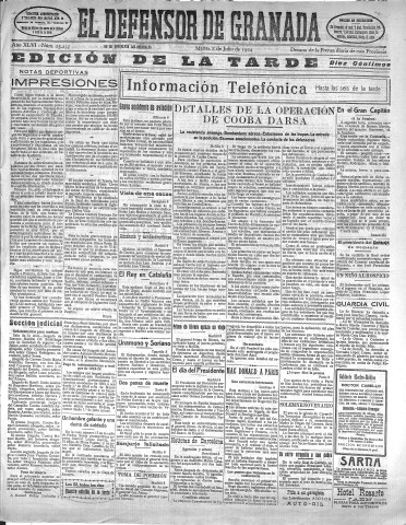 'El Defensor de Granada  : diario político independiente' - Año XLVI Número 23257 Ed. Tarde - 1924 Julio 08