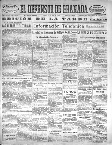 'El Defensor de Granada  : diario político independiente' - Año XLVI Número 23260 Ed. Tarde - 1924 Julio 10