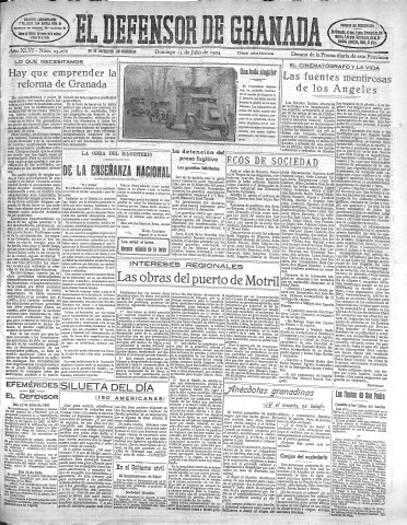 'El Defensor de Granada  : diario político independiente' - Año XLVI Número 23266 Ed. Mañana - 1924 Julio 13