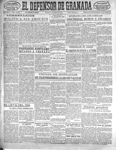 'El Defensor de Granada  : diario político independiente' - Año XLVI Número 23286 Ed. Mañana - 1924 Julio 25