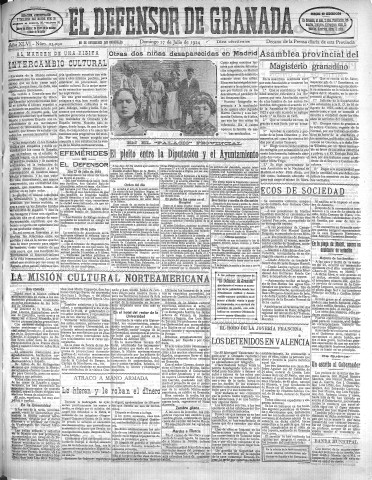 'El Defensor de Granada  : diario político independiente' - Año XLVI Número 23290 Ed. Mañana - 1924 Julio 27