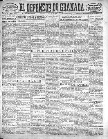 'El Defensor de Granada  : diario político independiente' - Año XLVI Número 23294 Ed. Mañana - 1924 Julio 30