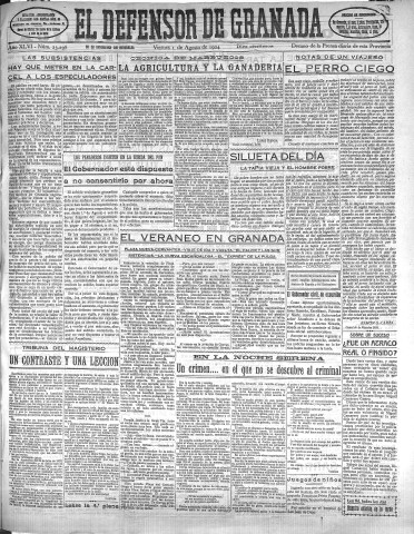 'El Defensor de Granada  : diario político independiente' - Año XLVI Número 23298 Ed. Mañana - 1924 Agosto 01