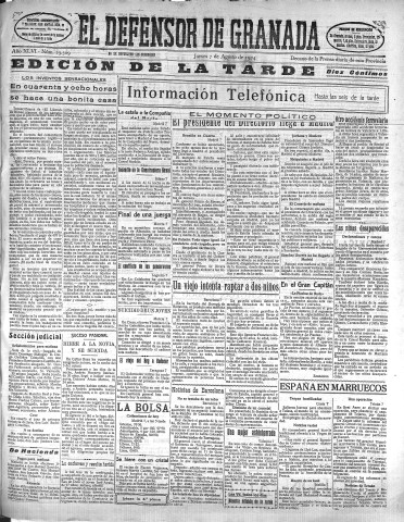 'El Defensor de Granada  : diario político independiente' - Año XLVI Número 23309 Ed. Tarde - 1924 Agosto 07