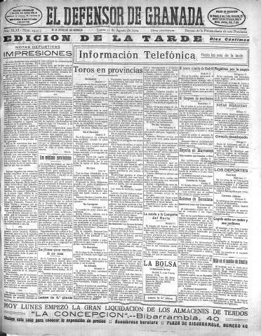 'El Defensor de Granada  : diario político independiente' - Año XLVI Número 23315 Ed. Tarde - 1924 Agosto 11