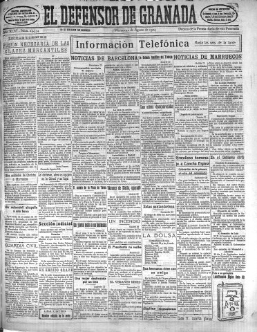 'El Defensor de Granada  : diario político independiente' - Año XLVI Número 23334 Ed. Tarde - 1924 Agosto 22