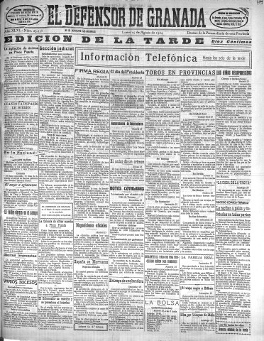 'El Defensor de Granada  : diario político independiente' - Año XLVI Número 23338 Ed. Tarde - 1924 Agosto 25