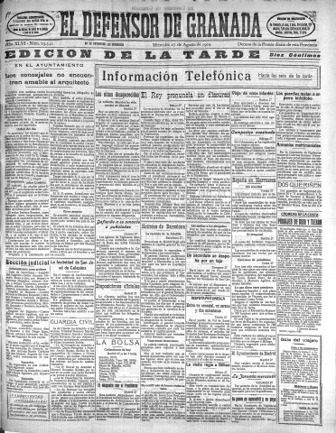 'El Defensor de Granada  : diario político independiente' - Año XLVI Número 23342 Ed. Tarde - 1924 Agosto 27