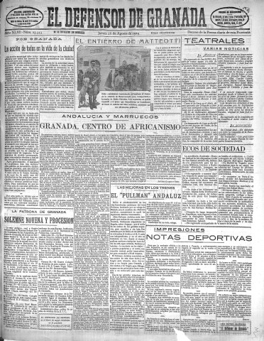 'El Defensor de Granada  : diario político independiente' - Año XLVI Número 23343 Ed. Mañana - 1924 Agosto 28