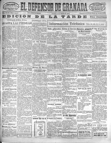 'El Defensor de Granada  : diario político independiente' - Año XLVI Número 23346 Ed. Tarde - 1924 Agosto 29