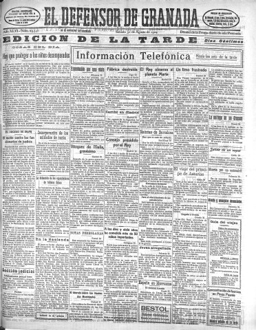 'El Defensor de Granada  : diario político independiente' - Año XLVI Número 23348 Ed. Tarde - 1924 Agosto 30