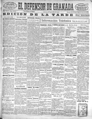 'El Defensor de Granada  : diario político independiente' - Año XLVI Número 23356 Ed. Tarde - 1924 Septiembre 04