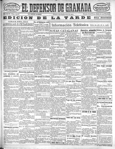 'El Defensor de Granada  : diario político independiente' - Año XLVI Número 23360 Ed. Tarde - 1924 Septiembre 06