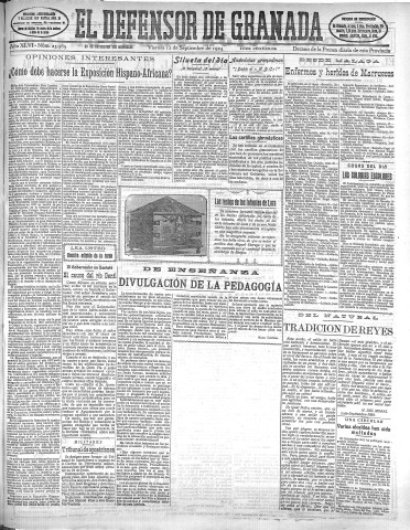 'El Defensor de Granada  : diario político independiente' - Año XLVI Número 23369 Ed. Mañana - 1924 Septiembre 12
