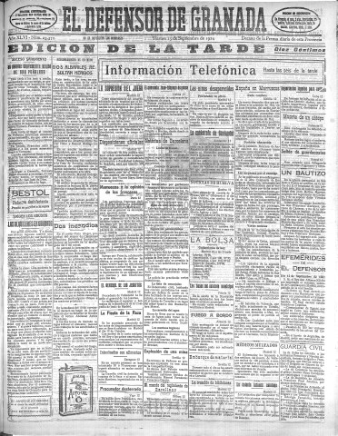 'El Defensor de Granada  : diario político independiente' - Año XLVI Número 23372 Ed. Tarde - 1924 Septiembre 13