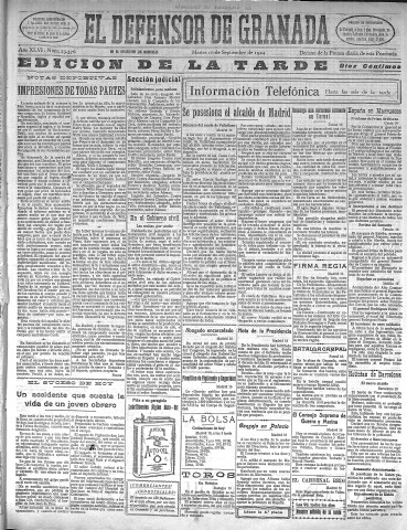 'El Defensor de Granada  : diario político independiente' - Año XLVI Número 23376 Ed. Tarde - 1924 Septiembre 16