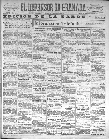 'El Defensor de Granada  : diario político independiente' - Año XLVI Número 23380 Ed. Tarde - 1924 Septiembre 18