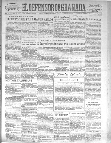 'El Defensor de Granada  : diario político independiente' - Año XLVI Número 23383 Ed. Mañana - 1924 Septiembre 20