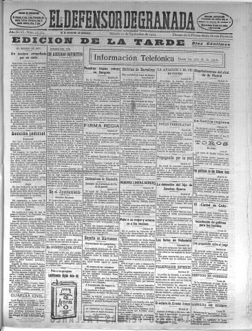 'El Defensor de Granada  : diario político independiente' - Año XLVI Número 23384 Ed. Tarde - 1924 Septiembre 20