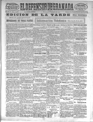 'El Defensor de Granada  : diario político independiente' - Año XLVI Número 23389 Ed. Tarde - 1924 Septiembre 23