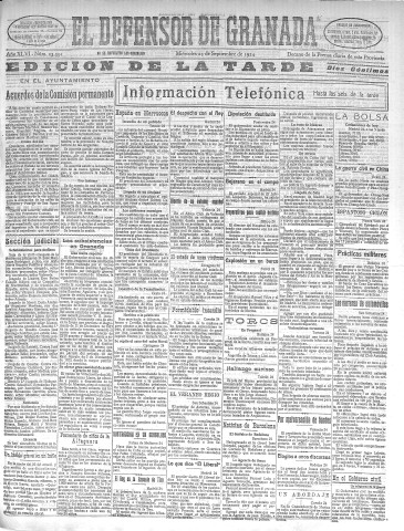 'El Defensor de Granada  : diario político independiente' - Año XLVI Número 23391 Ed. Tarde - 1924 Septiembre 24