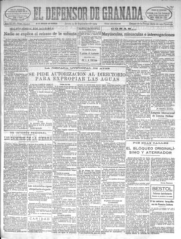 'El Defensor de Granada  : diario político independiente' - Año XLVI Número 23392 Ed. Mañana - 1924 Septiembre 25