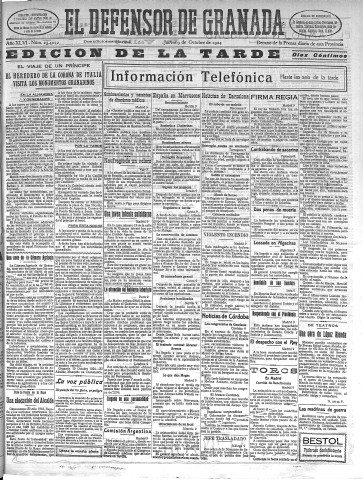 'El Defensor de Granada  : diario político independiente' - Año XLVI Número 23422 Ed. Tarde - 1924 Octubre 09
