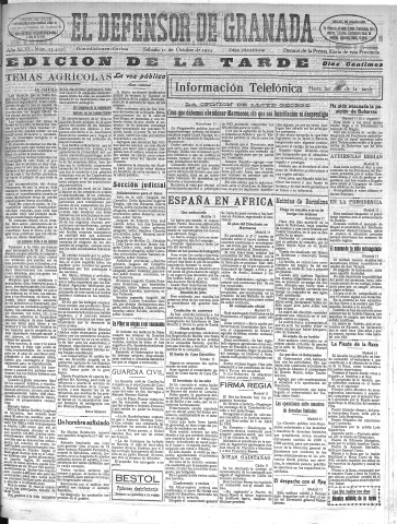 'El Defensor de Granada  : diario político independiente' - Año XLVI Número 23426 Ed. Tarde - 1924 Octubre 11